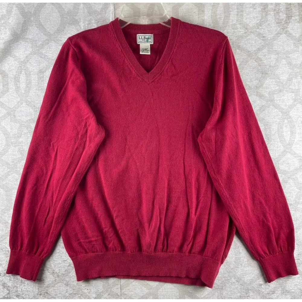 LL‎ Bean Cotton Cashmere Men M Red V-Neck Pullover Sweater 274603 Regular Fit